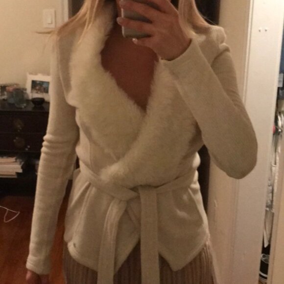 A/X Armani Exchange Faux Fur Collar Belted Open Sweater Cardigan in Ivory Sz L - Picture 2 of 10